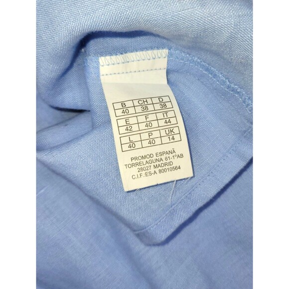 Promod Linen Ruffle V Neck Shell Top Sleeveless Size MED Blue Career Layering - Picture 10 of 10